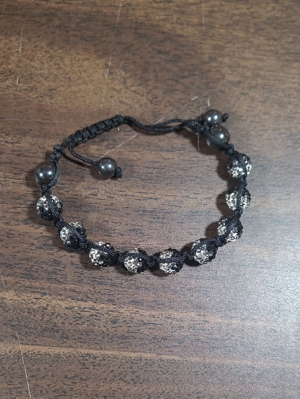Black Macrame Beaded Bracelet with Sparkling Silver Rhinestone Beads